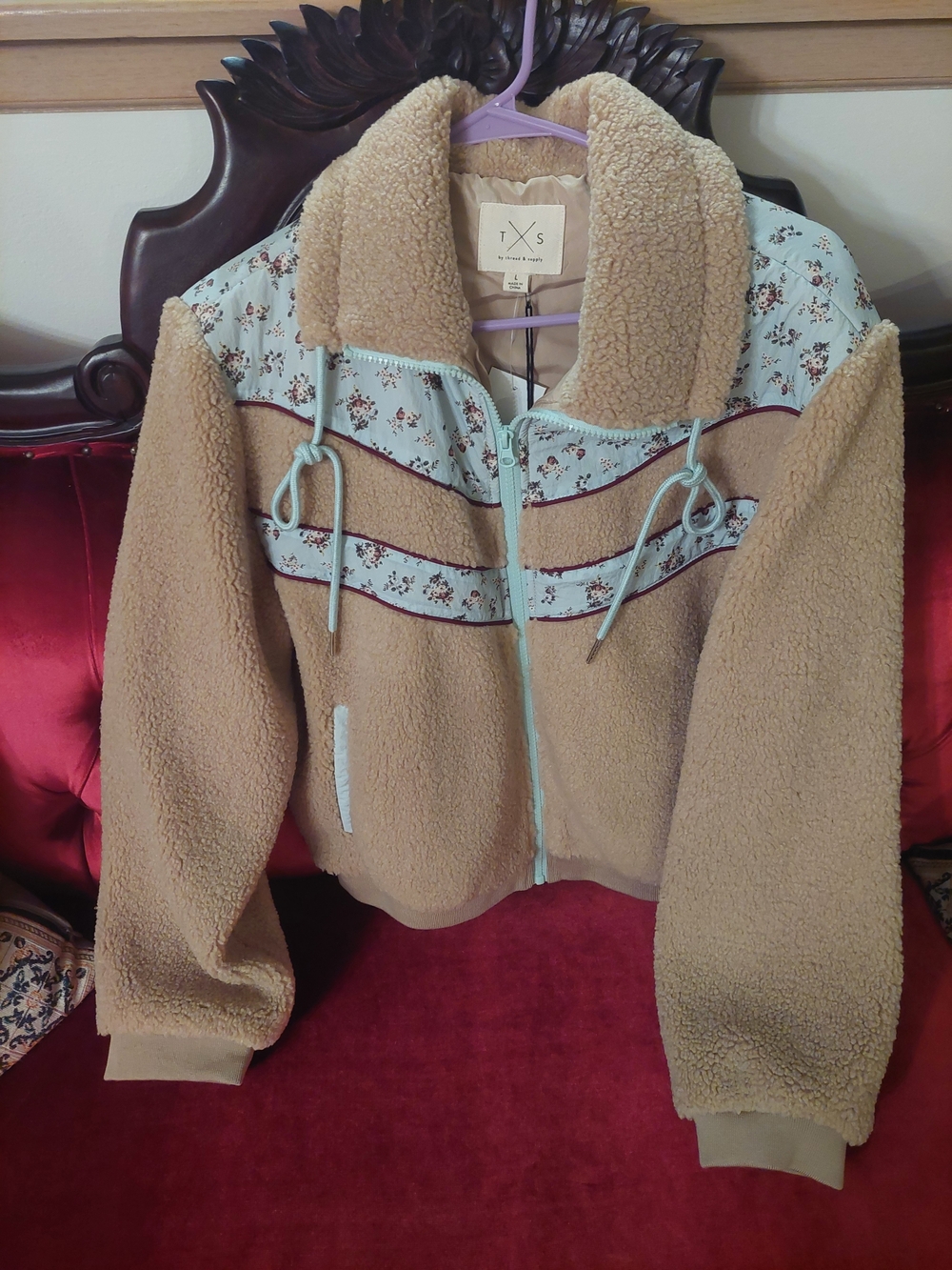 Thread & Supply Tan Sherpa Zip Jacket with Light Blue Floral Accents